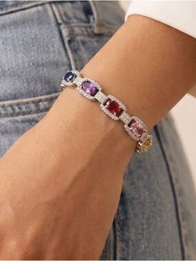 18kt White Gold Plated Multicolor Rhinestone Bracelet. Extension Link. 7”.New.